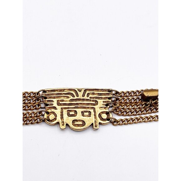 Vintage Tribal Revival Bracelet Multi Strand Chain Mask Face Gold Tone Unmarked - Picture 4 of 6